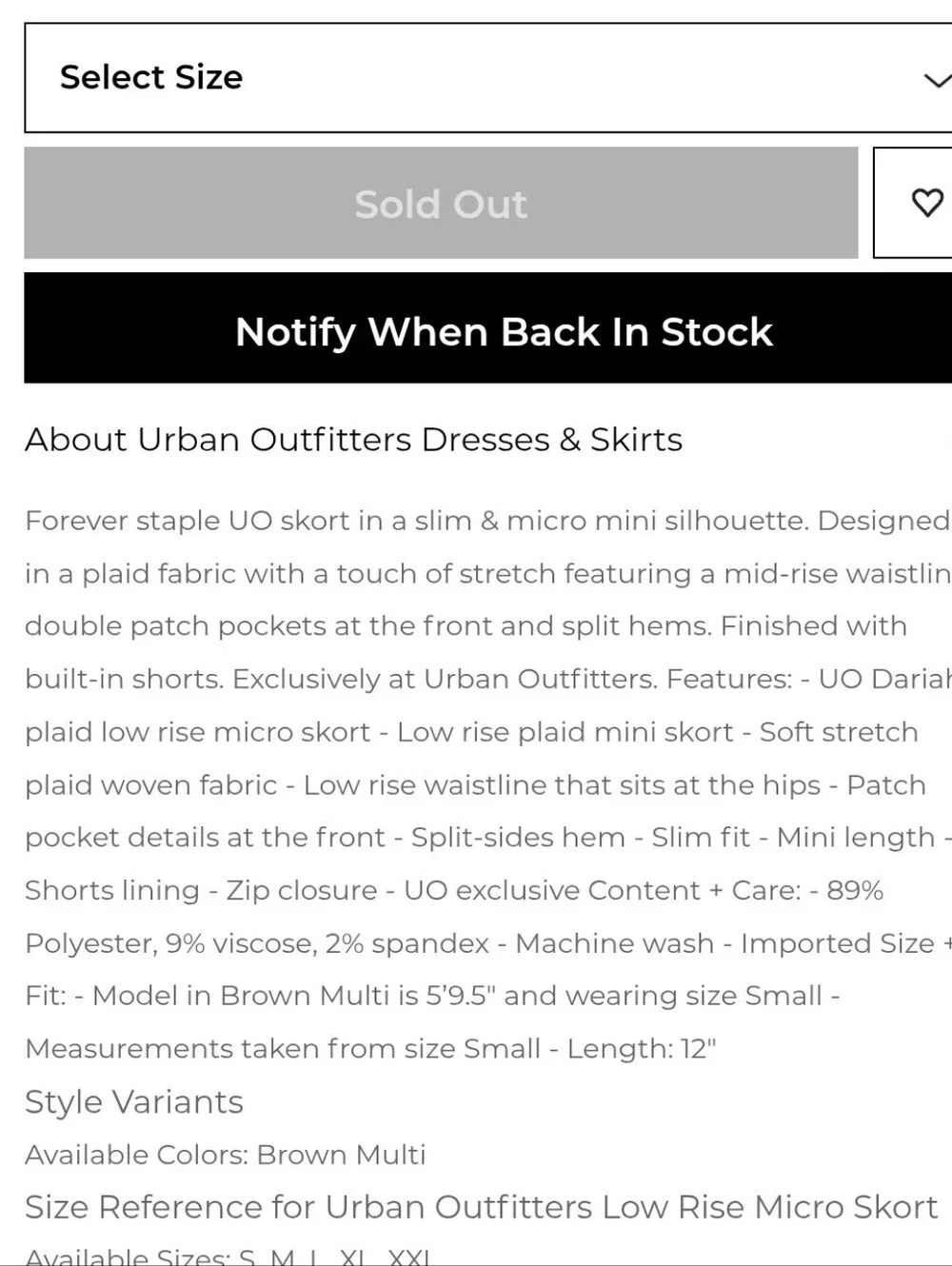Fits 14/16 NWOT Urban Outfitters Dariah Plaid Patch Pocket Mini Skort Brown